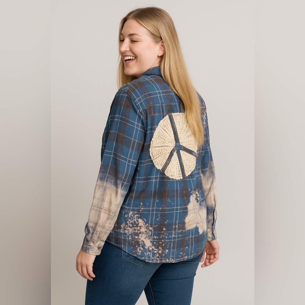 Lost International Bleached Plaid Flannel w/crochet Peace Embellishment F 7